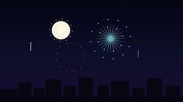 Colorful animated fireworks explode in bright bursts over a dark city skyline at night in a flat 2D motion graphics celebration display, a festive holiday animation with glowing stars.