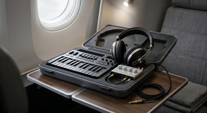 Portable music production kit with midi keyboard inside aircraft cabin