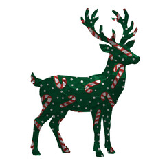 Festive reindeer cutout decorated with green polka dot wrapping paper and red and white candy cane patterns for holiday and Christmas seasonal design concepts © SonojART