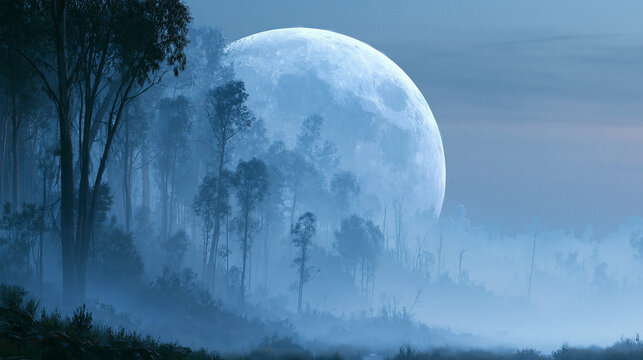 Giant full moon rising behind silhouette of foggy forest landscape for ethereal night sky and nature background art.