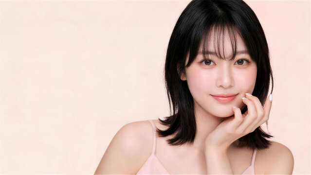 ピンクの背景で白いネイルを頬に添えて微笑む女性