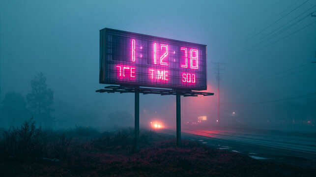 Giant neon digital billboard showing 1:12:38 time and text in foggy eerie night.