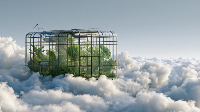 Glass greenhouse filled with lush green plants floating in white clouds against a clear blue sky with bird.
