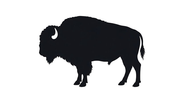 Majestic American Bison Silhouette Standing Side View, and white background 