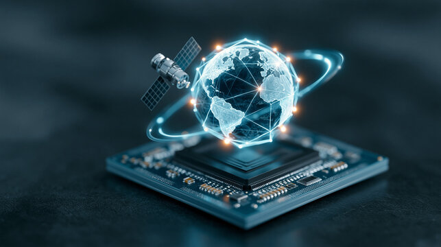 Global satellite connection concept on computer chip network technology abstract technology background with glowing lines.
