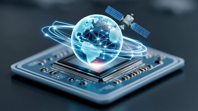 Global satellite connection concept on computer chip network technology abstract technology background with glowing lines.