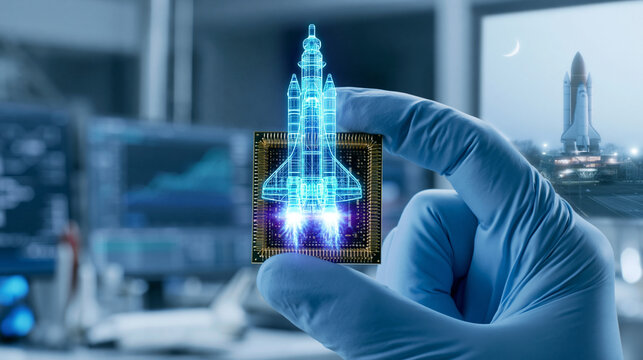 Gloved hand holds computer chip with holographic space shuttle launching from it in a futuristic lab at night.
