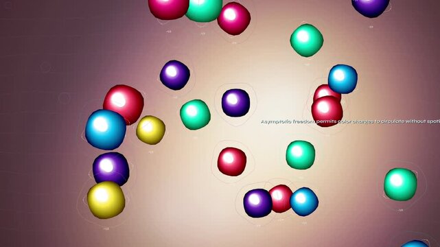 3D animation of quark-gluon plasma transitioning into confined hadrons, illustrating particle physics, asymptotic freedom, and color confinement with colorful spheres interacting in a quantum vacuum