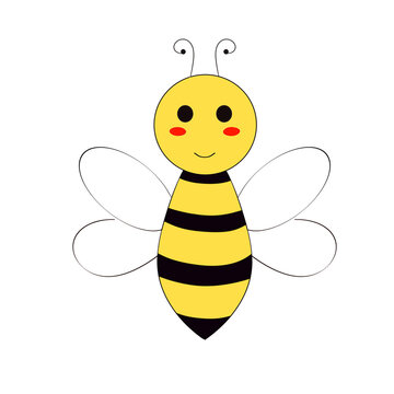 Cute cartoon bee illustration with a cheerful yellow body, black stripes, white wings, antennae, and a friendly smiling face