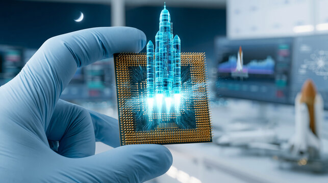 Gloved hand holds computer chip with holographic space shuttle launching from it in a futuristic lab at night.