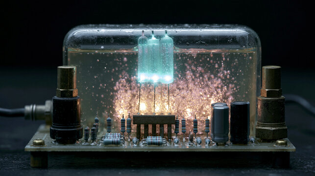 Glow vacuum tubes and electronic components submerged in liquid inside glass enclosure for specialized hardware cooling.
