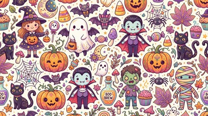 Fototapeta premium Cute Kawaii Halloween Seamless Pattern with Pumpkins, Ghosts, Vampires and Spooky Characters