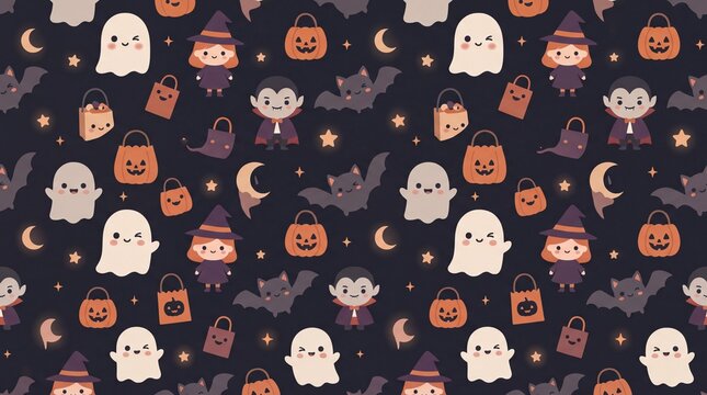 Cute Kawaii Halloween Seamless Pattern with Ghosts Witches Vampires Bats and Pumpkins on Dark Background
