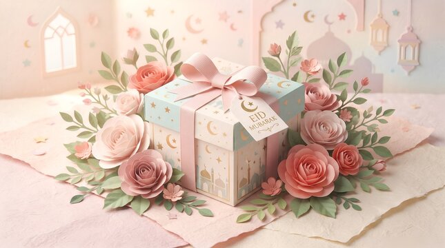3D Papercraft Eid Mubarak Gift Box surrounded by Pink Flowers