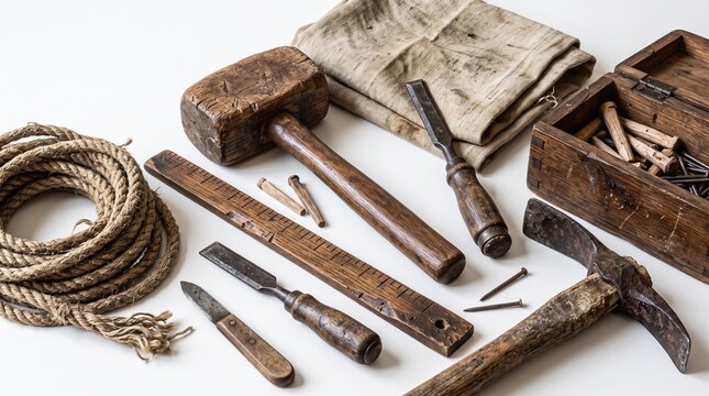 Vintage carpentry tools including weathered wooden mallets, metal chisels, rusty nails, measuring rulers, and coiled hemp rope arranged neatly on a clean white tabletop surface