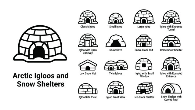 Arctic Igloos and Snow Shelters Collection: A graphic collection showcasing various igloo designs and snow shelters, illustrating different architectural styles and functionalities for cold climates.