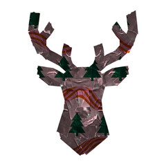 Creative Christmas reindeer head silhouette handmade with adhesive tape featuring holiday pine trees and festive patterns isolated on white background for seasonal design projects © SonojART