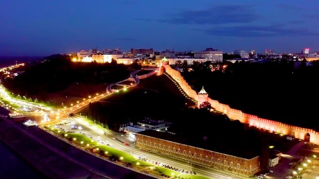 Nizhny Novgorod, Russia. Drone footage of the Kremlin walls of Nizhny Novgorod. Night time. Drone footage