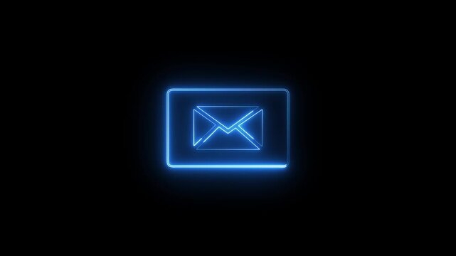 A glowing neon blue outline of an envelope presented within a rounded rectangular frame, set against a dark black background, signifying digital messaging and online communication