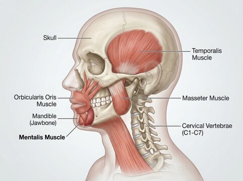 Anatomical diagram of human head and neck muscles illustration