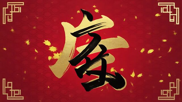 Traditional Chinese calligraphy symbol for celebration on a festive red background with falling golden petals and ornate corner frames.