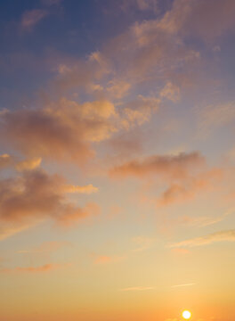 
Sun over horizon. Beautiful sunset, northern sky and sun over horizon
