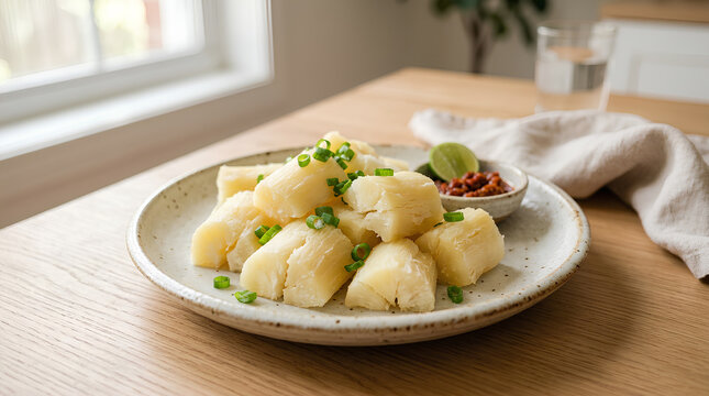 Delicious boiled yuca root served with spicy sauce and green onion