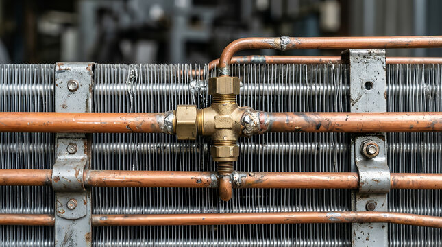 Copper piping and brass valve assembly on industrial heat exchanger unit.