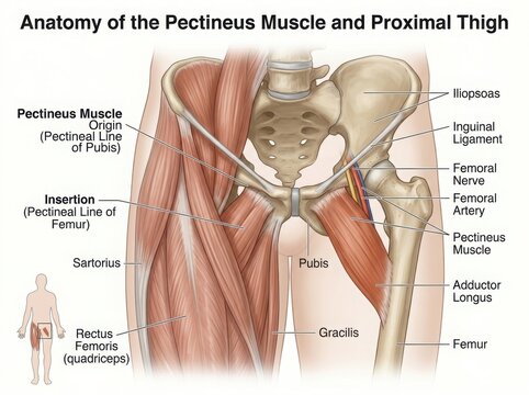 Anatomy diagram of the pectineus muscle and proximal thigh illustration