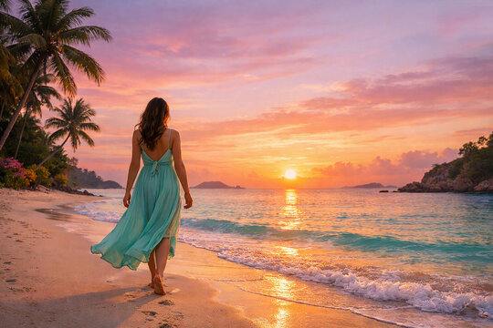 Young Woman in Mint Dress Walking on Tropical Beach at Sunset