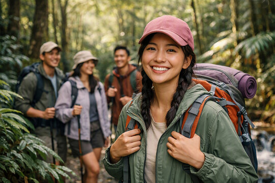 Happy Young Woman Hiker with Backpack Smiling on Rainforest Jungle Trail