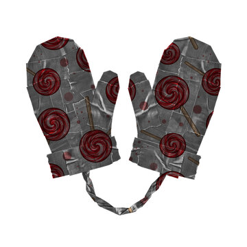 Pair of winter mittens made of duct tape with a red lollipop pattern isolated on white background