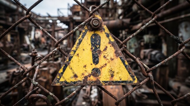 Weathered yellow exclamation mark warning sign on rusty chain link fence in hazardous abandoned industrial factory zone