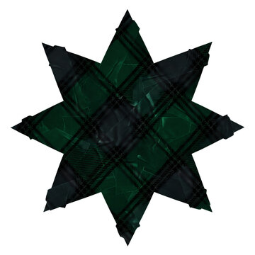 An eight-pointed star shaped graphic element featuring a dark green and black plaid tartan fabric pattern with a textured, layered appearance isolated on white background