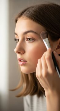 Young woman applying makeup with a brush on her face while looking in the mirror