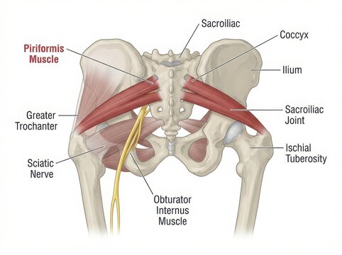 Anatomical diagram of human piriformis muscle and nerves illustration