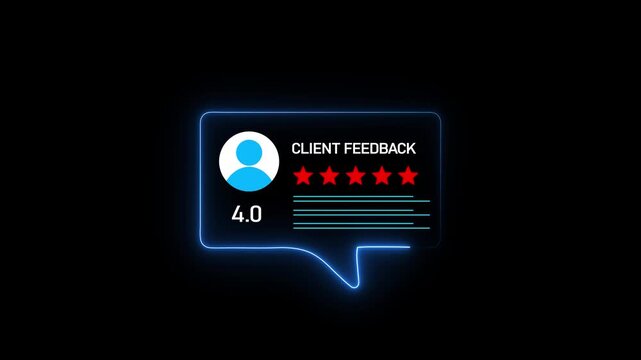 A digital interface presenting client feedback with a user the title CLIENTFEDBACK, four red stars indicating a good rating, and lines for comments on a dark background