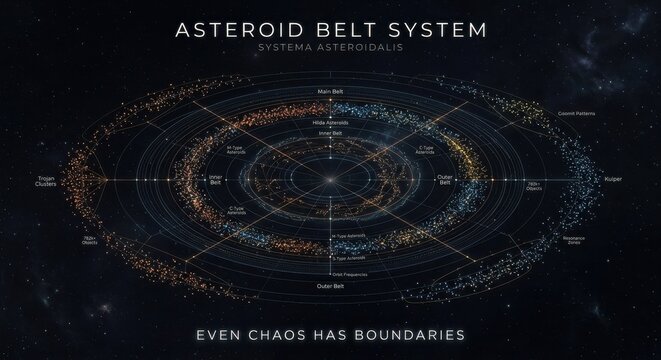 Asteroid Belt System Chart Illustrating Celestial Orbits and Cosmic Patterns
