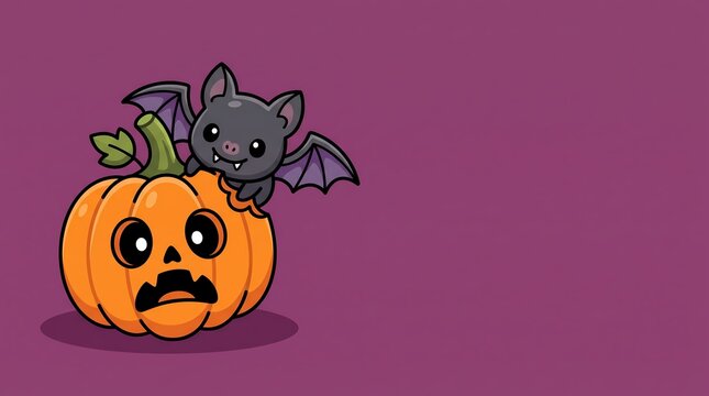 Cute cartoon bat perched on scared jack-o-lantern pumpkin