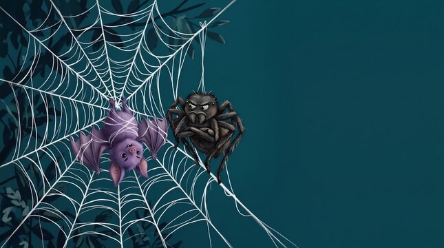 Purple bat wrapped in spider web next to grumpy spider