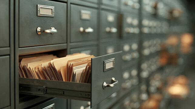 Rows of dark filing cabinets stand tall. One drawer opens, revealing stacked paper files. The scene suggests order, storage, or archival work. Warm light highlights the organized chaos