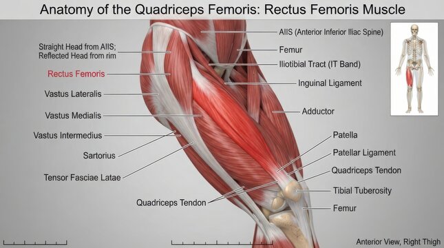 Anatomy diagram of the human rectus femoris muscle illustration