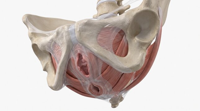 Detailed 3D medical illustration of the human female pelvic floor and skeletal anatomy