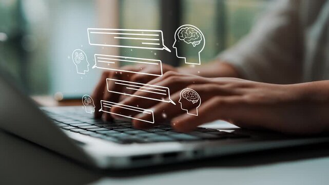 Hands Typing on Laptop with Overlay of Chat Bubbles and Brain Icons Representing Digital Communication and Artificial Intelligence Concept. Entropy.
