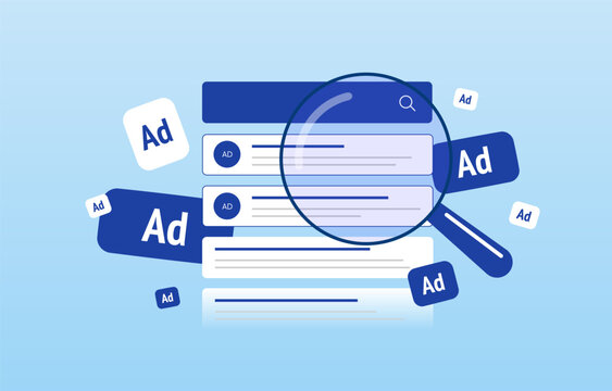 Contextual advertising for search ads, relevant keyword targeting and paid search campaigns. PPC marketing, sponsored results and ad placement for high-intent audiences, vector illustration.