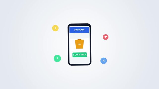 Smartphone Flash Sale Interface with Shopping Bag Icon and Floating Marketing Symbols Digital