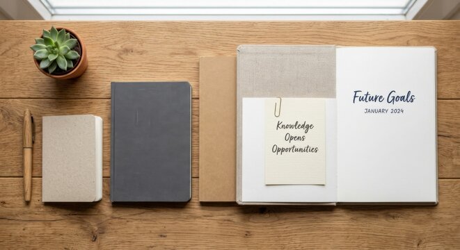 Flat lay of blank notebooks and a notepad with motivational quote on wooden surface
