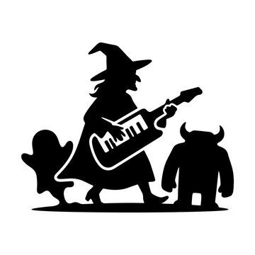 Halloween witch silhouette playing keytar with ghost and monster, spooky musical band vector, black and white horror party illustration isolated on White Background