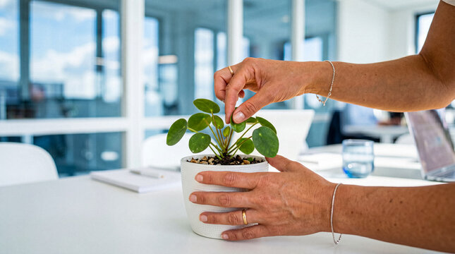Person's hands tending small green potted plant on white office desk