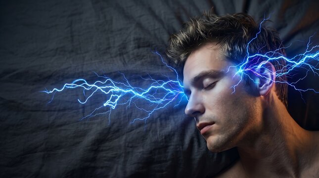 Young man lying down with blue electrical lightning bolts emitting from his eyes and head representing a migraine or sleep disorder